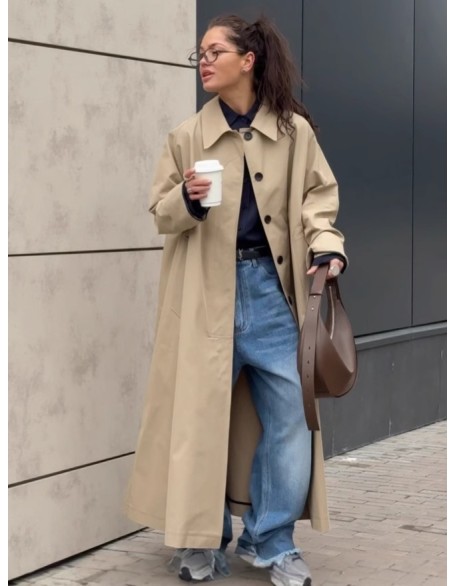 Women's Mid-Length Trench Coat, Knee-Length, Single-Breasted, British Style