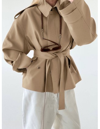 New Style Lapel-Collar Brushed Fleece Long-Sleeve Cardigan Trench Coat