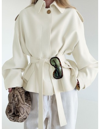 New Style Lapel-Collar Brushed Fleece Long-Sleeve Cardigan Trench Coat
